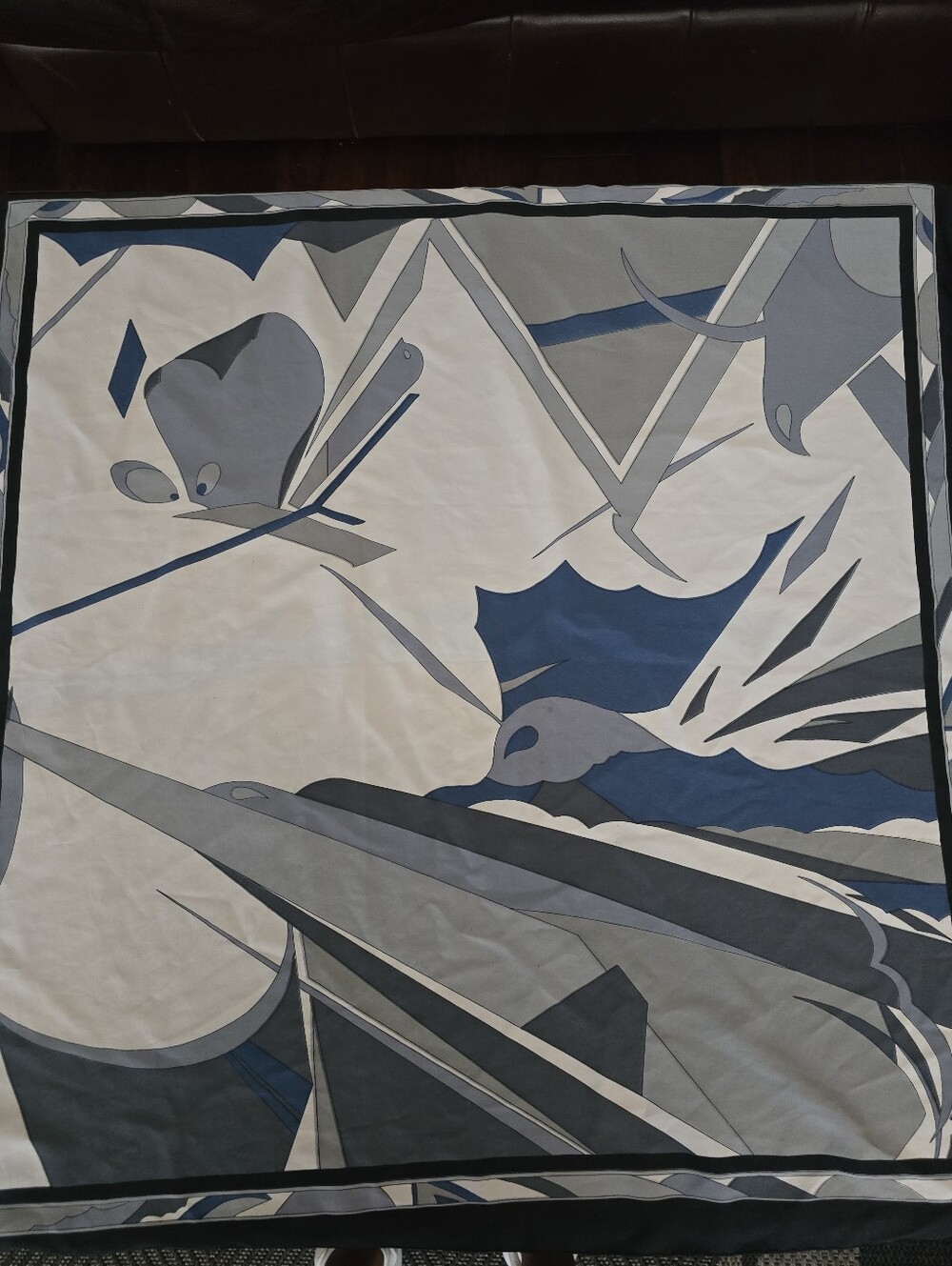 Vintage Abstract Blue,white and Gray Scarf 34 X 35 Inches